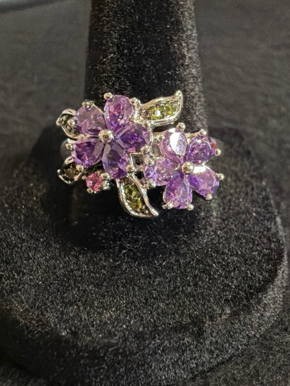 Silver Tone Floral Cluster Ring with Purple, Green, and Pink Gemstones